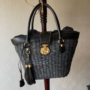 TALBOTS BLACK BUCKLE STRAW HANDBAG WITH TASSELS!